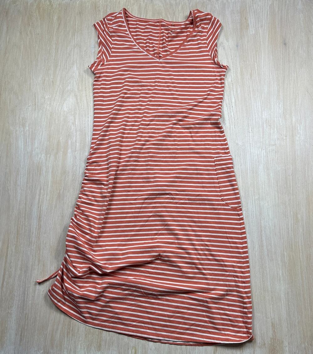 Toad&Co Midi Dress Large Orange Striped Ruched Side Drawstring Pockets Casual